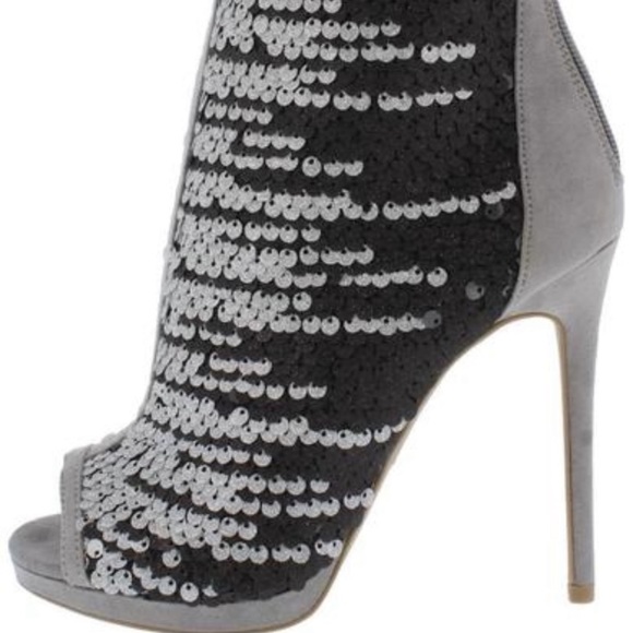Peep Toe Grey Heel Black&Silver Sequin Bootie - Picture 5 of 5